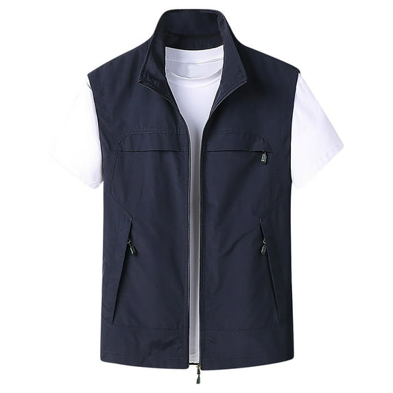 Rloper-Lop Travel Vests for Men Multi Pockets Utility Tank Tops Lightweight Sleeveless Jackets Fashion Solid Color Full Zipper Tops Navy 5XL