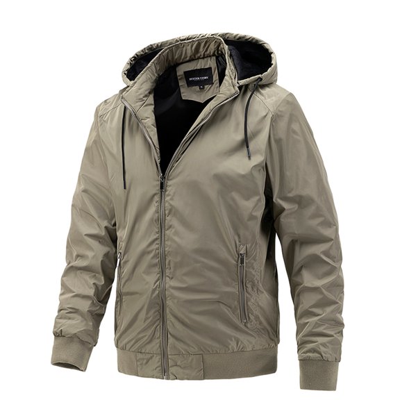 Rloper-Lop Winter Hooded Jackets for Mens Windproof Rain Coats Lightweight Solid Color Thermal Outerwear Tops for Hiking Running Travel Khaki L