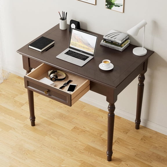 Rlzcvt French Country Style Writing Desk,35''Solid Wood Farmhouse Computer Table with Drawers,Solid Wood Vanity Dressing Desk, Simple Style for Home, Office, Study, Bedroom (Walnut, 35in)