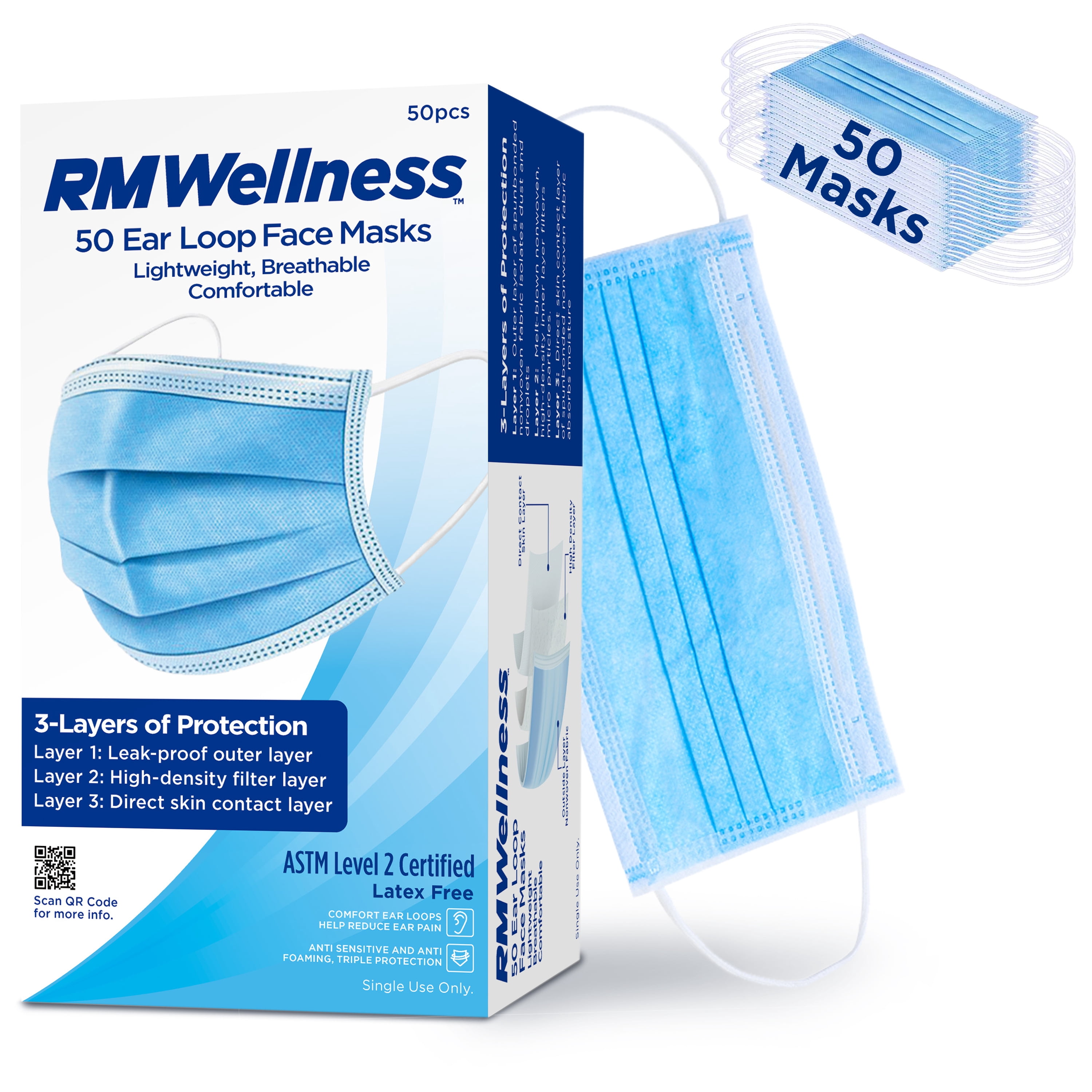 RM WELLNESS Blue 3-Ply Disposable Face Masks with Ear Loops, Adult, 50 ...