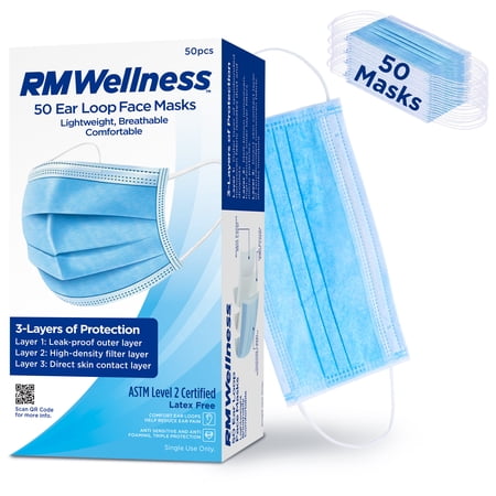 RM WELLNESS Blue 3-Ply Disposable Face Masks with Ear Loops, Adult, 50 Count