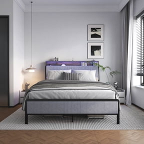 RmagineX Queen Size Bed Frame with LED Light & USB Charging Station, Upholstered Headboard with Storage, 14" Under Bed Storage, Noise-Free Metal Slat Support, No Box Spring Needed