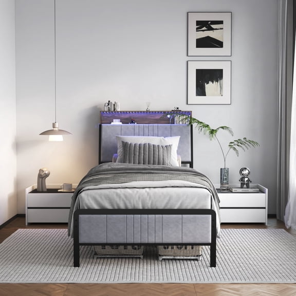 RmagineX Twin Size Bed Frame with LED Light & USB Charging Station, Upholstered Headboard with Storage, 14" Under Bed Storage, Noise-Free Metal Slat Support, No Box Spring Needed
