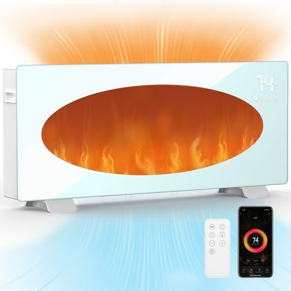 Rmoati Convection Glass Panel Space 1500W/750W Intelligent Thermostat 24H Timer Child Safety Lock Quiet WiFi-Enabled Flame Heater for Indoor Use.