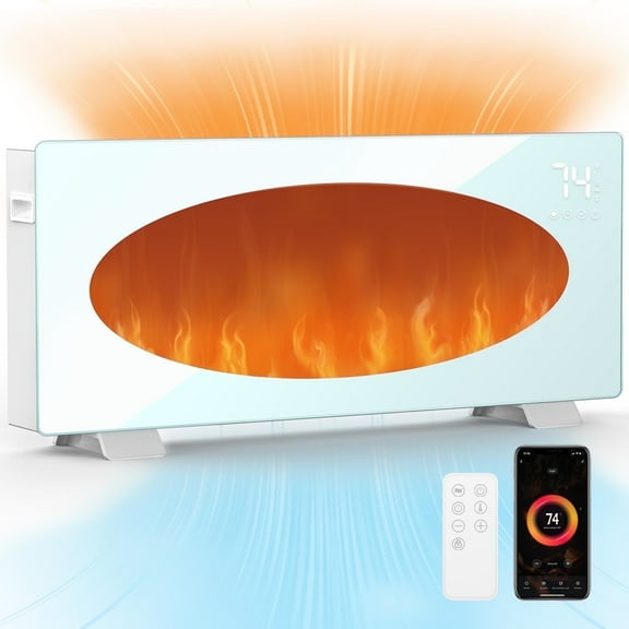 Rmoati Convection Glass Panel Space 1500W/750W Intelligent Thermostat 24H Timer Child Safety Lock Quiet WiFi-Enabled Flame Heater for Indoor Use.