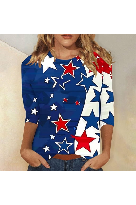 4th of July Outfits for Women Printed Short Top Independence Day Short T-Shirt Sleeve, Round Neck Navy