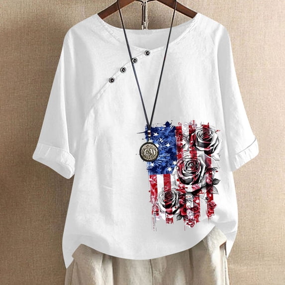 Itsame 4th of July Outfits for Women Printed Short Top Independence Day Short T-Shirt Sleeve, Round Neck White