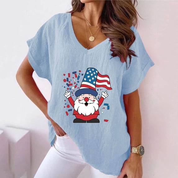 Itsame 4th of July Outfits for Women Printed Short Top Independence Day Short T-Shirt Sleeve, V-Neck Light Blue