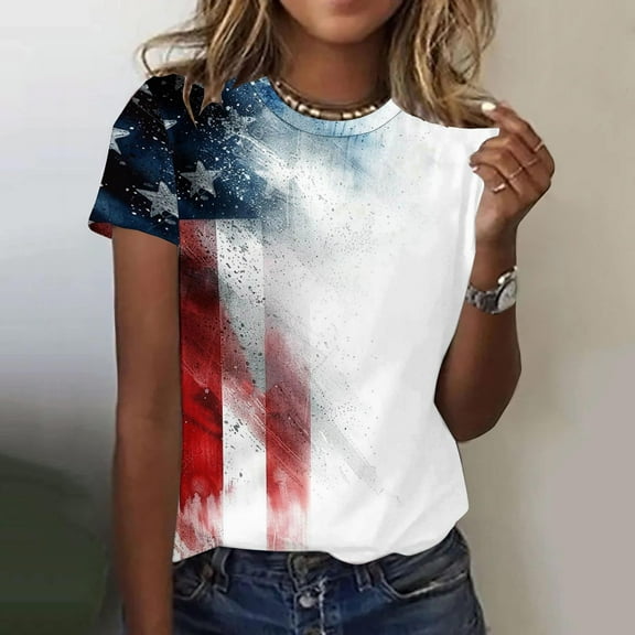 Itsame 4th of July Shirts Women Independence Day Short T-Shirt Sleeve American Flags Printed Short Sleeve Top Multicolor Size XL