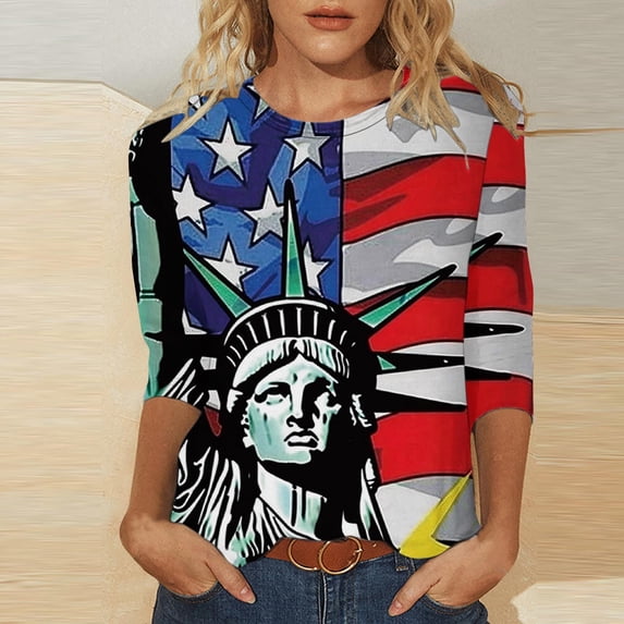 Itsame 4th of July Shirts Women Independence Day Short T-Shirt Sleeve American Flags Printed Short Sleeve Top, Round Neck Multicolor
