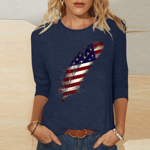 Itsame 4th of July Shirts Women Independence Day Short T-Shirt Sleeve American Flags Printed Short Sleeve Top, Round Neck Navy
