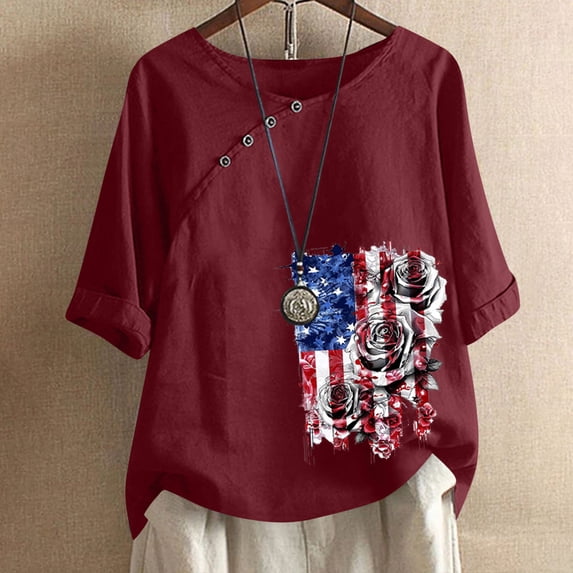 Itsame 4th of July Shirts Women Independence Day Short T-Shirt Sleeve American Flags Printed Short Sleeve Top, Round Neck Red