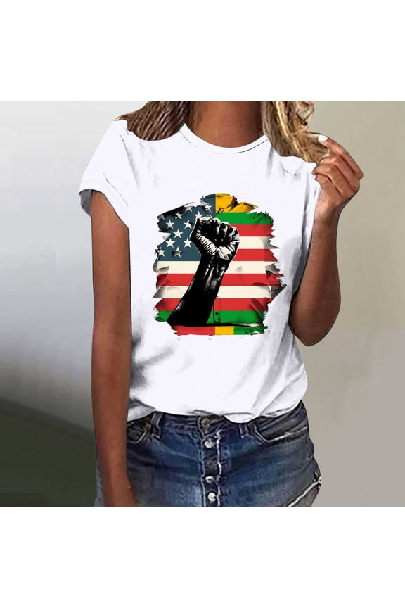 4th of July Shirts Women Independence Day Short T-Shirt Sleeve American Flags Printed Short Sleeve Top White Size L2