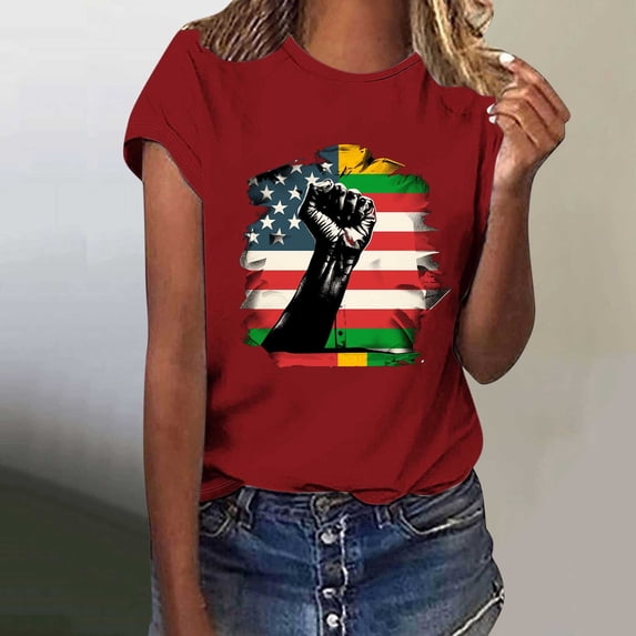 Itsame 4th of July Shirts Women Independence Day Short T-Shirt Sleeve American Flags Printed Short Sleeve Top Wine Size L