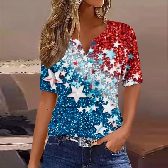 Itsame 4th of July Shirts Women Independence Day Short T-Shirt Sleeve American Flags Printed Short Sleeve Top, V-Neck Blue