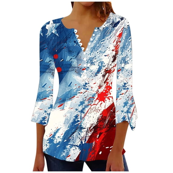 Itsame 4th of July Shirts Women Independence Day Short T-Shirt Sleeve American Flags Printed Short Sleeve Top, V-Neck Red