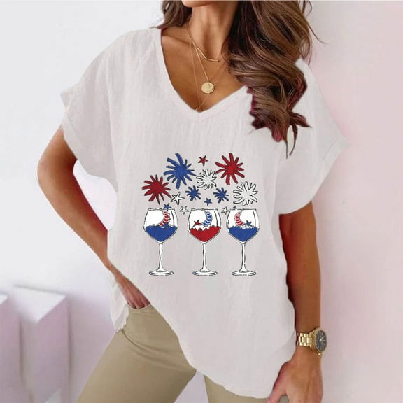 Itsame 4th of July Shirts Women Independence Day Short T-Shirt Sleeve American Flags Printed Short Sleeve Top, V-Neck White