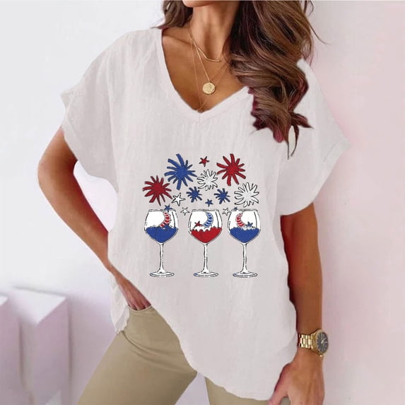 Itsame 4th of July Shirts Women Independence Day Short T-Shirt Sleeve American Flags Printed Short Sleeve Top, V-Neck White