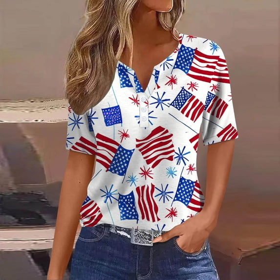 Itsame 4th of July Shirts Women Independence Day Short T-Shirt Sleeve American Flags Printed Short Sleeve Top, V-Neck White