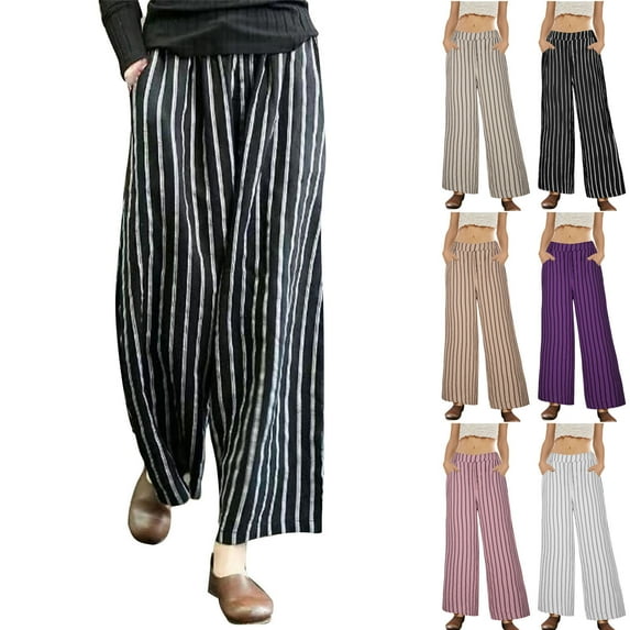 Itsame Womens Loose Long Pants Stripe Cotton High Waisted Wide Leg Sweatpants Khaki Size 2XL