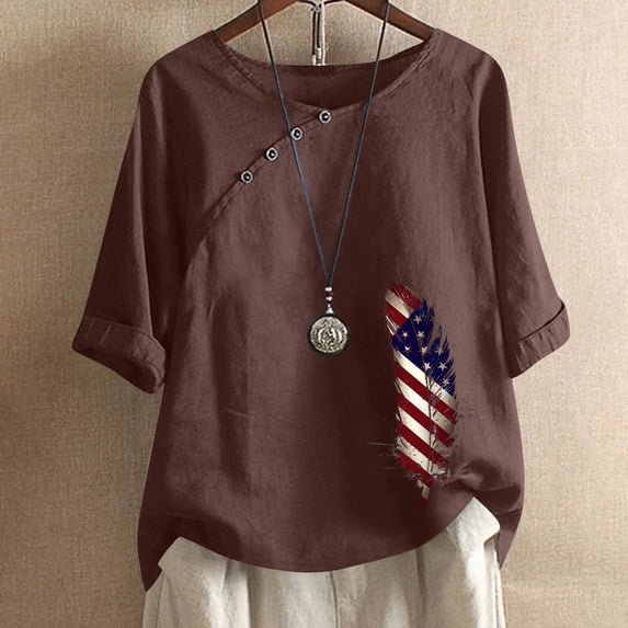 Itsame Fourth of July American Flags Printed Short Top Womens Independence Day Short T-Shirt Sleeve, Round Neck Brown