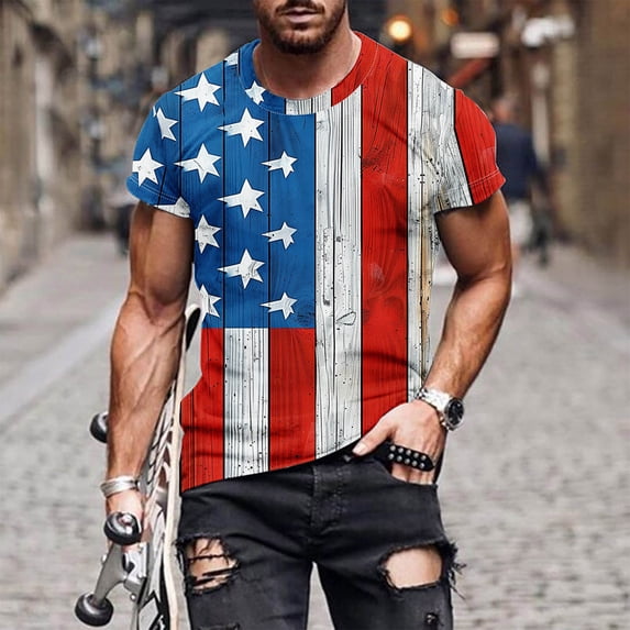 Itsame Fourth of July Independence Day Short T-Shirt Sleeve Mens American Flags Printed Short Sleeve Top, V-Neck Multicolor