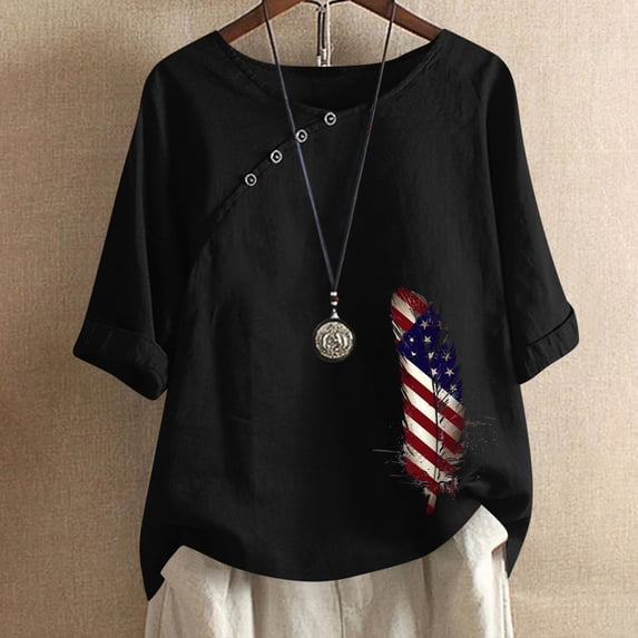 Itsame Fourth of July Independence Day Short T-Shirt Sleeve Womens American Flags Printed Short Sleeve Top, Round Neck Black