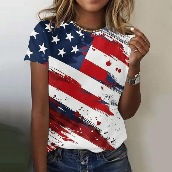 Itsame Fourth of July Independence Day Short T-Shirt Sleeve Womens American Flags Printed Short Sleeve Top, Round Neck Multicolor