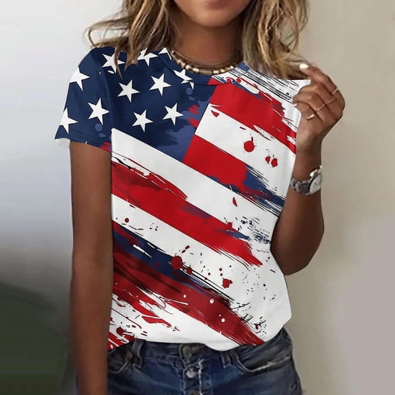 Itsame Fourth of July Independence Day Short T-Shirt Sleeve Womens American Flags Printed Short Sleeve Top, Round Neck Multicolor
