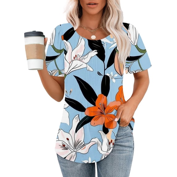 Itsame Short Sleeved Undershirt Tops for Womens Shirt T-Shirt Fashionable Printed Relaxed Round Neck Blouses Bule Size L