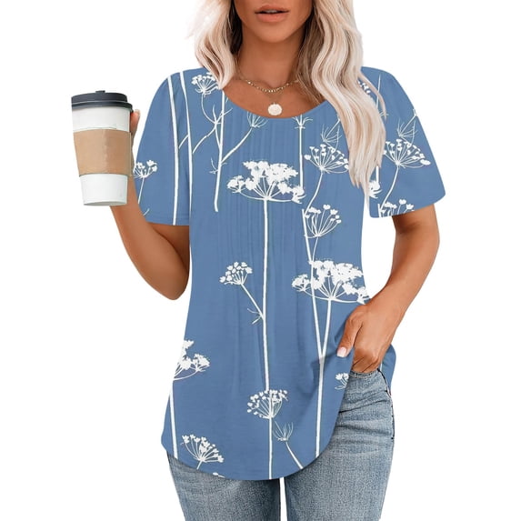 Itsame Short Shirt Sleeved Tops for Womens Fashionable Printed Relaxed Round Neck T-Shirt Blouses Bule Size L