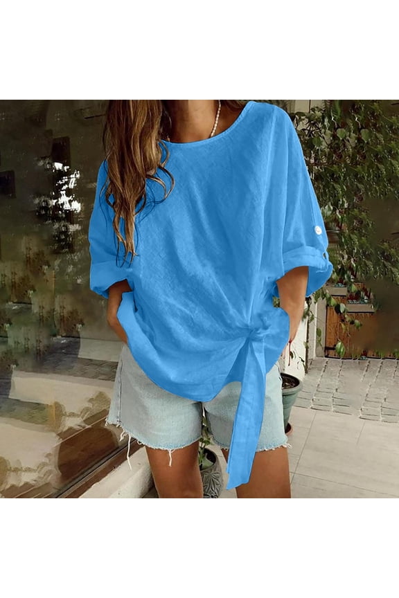 Short Sleeved Undershirt Tops for Womens Shirt T-Shirt Fashionable Solid Color Round Neck Blouses Blue Size 5XL
