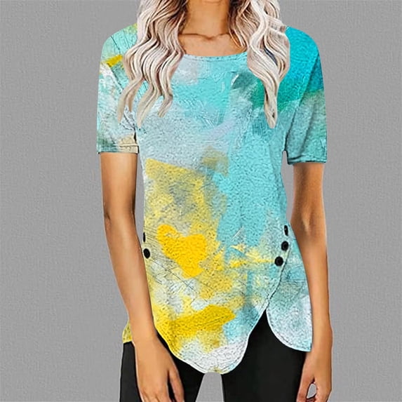 Itsame Short Sleeved Undershirt Tops for Womens Shirt Printed Round Neck Button T-Shirt Blouses Multicolor Size S