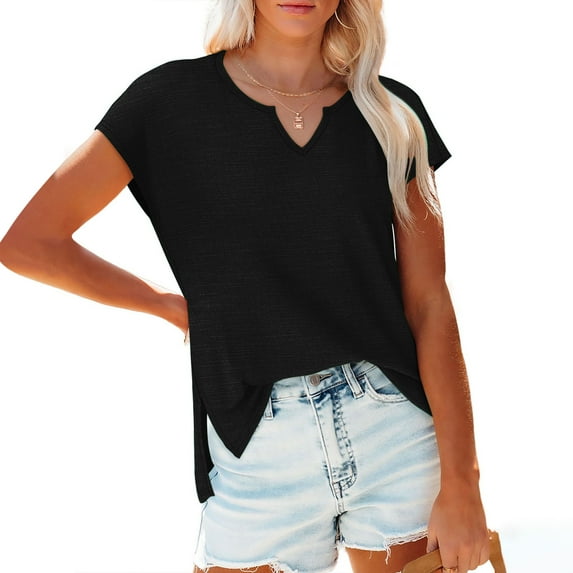 Itsame Short Sleeved Undershirt Tops for Womens Shirt T-Shirt Solid Color Relaxed V-neck Blouses Black Size M