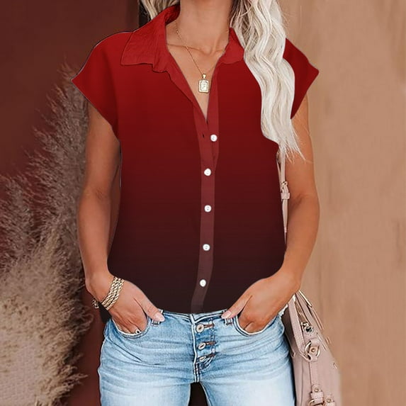 Itsame Short Sleeved Undershirt Tops for Womens Shirt Fashionable Solid Color Relaxed Round Neck Button T-Shirt Blouses Red Size 2XL