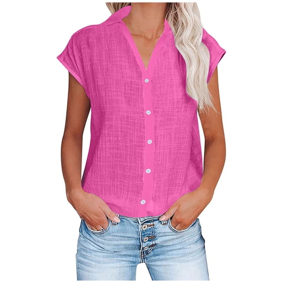 Itsame Short Sleeved Undershirt Tops for Womens Shirt Fashionable Solid Color V-neck Button T-Shirt Blouses Hot Pink Size M