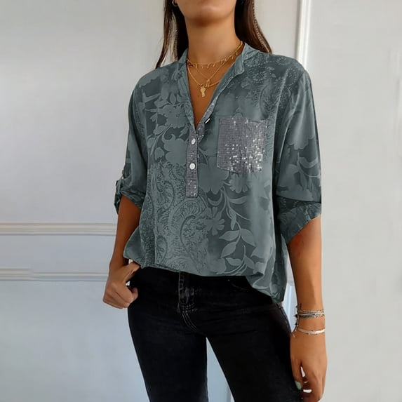 Itsame Short Shirt Sleeved Tops for Womens Pocket Solid Color Relaxed V-neck Cotton T-Shirt Blouses Gray Size 2XL