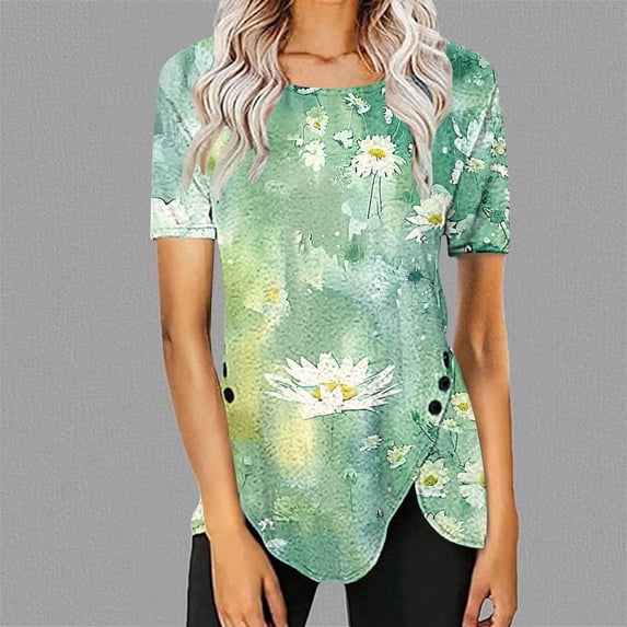 Itsame Short Sleeved Undershirt Tops for Womens Shirt T-Shirt Printed Round Neck Button Blouses Multicolor Size M