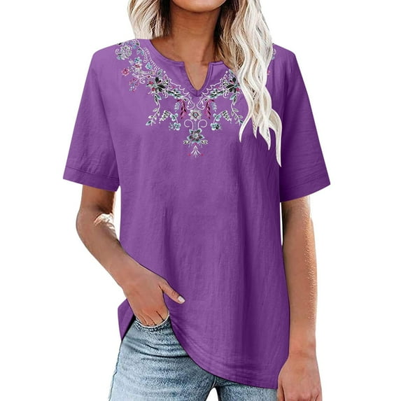 Itsame Short Sleeved Undershirt Tops for Womens Shirt Solid Color V-neck Cotton T-Shirt Blouses Purple Size S
