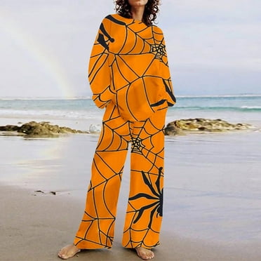 Itsame Sweatsuits 2pcs Sets for Womens Long Sleeved Sweatshirt and Pants Printed Round Neck Casual Set Orange Size 5XL