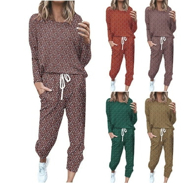 Itsame Sweatsuits 2pcs Sets for Womens Long Sleeved Sweatshirt and Pants Relaxed Printed Round Neck Casual Set Khaki Size 5XL
