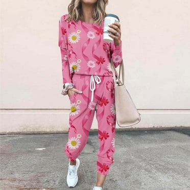 Itsame Sweatsuits 2pcs Sets for Womens Long Sleeved Sweatshirt and Pants Relaxed Printed Round Neck Casual Set Pink Size 3XL