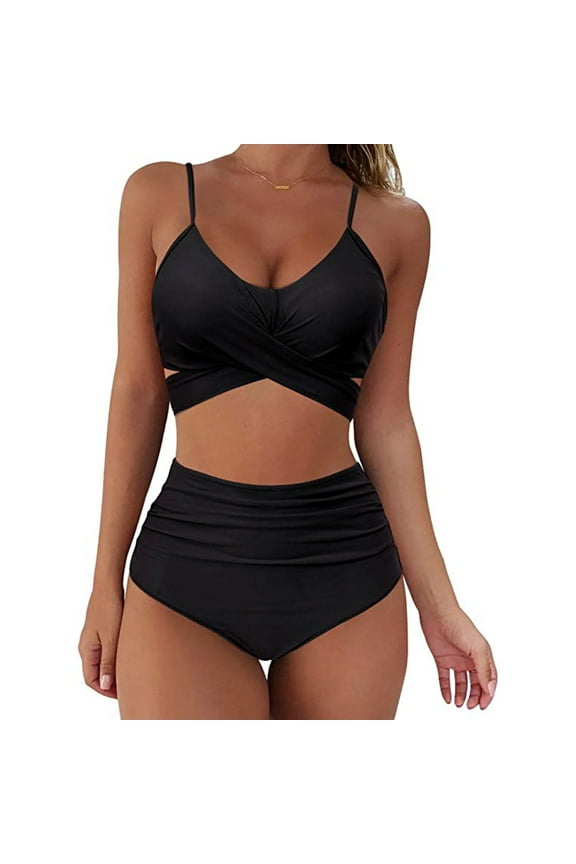 Rmogov Women High Waisted Solid Color Bikini Swimwear Polyester Black