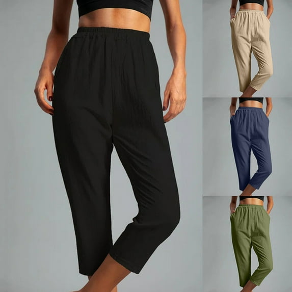 Itsame Comfortable Loose Pants for Womens Pocket Solid Color Tight Cotton High Waisted Wide Leg Sweatpants Khaki Size XL