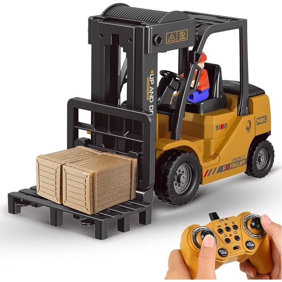 Remote Control RC Forklift Cranes, 1/64 Mini Rechargeable Forklift Truck, 2 in 1 Transform Lift Fork & Hook with Boxes, Sound and Light RC Construction Toy for Kids
