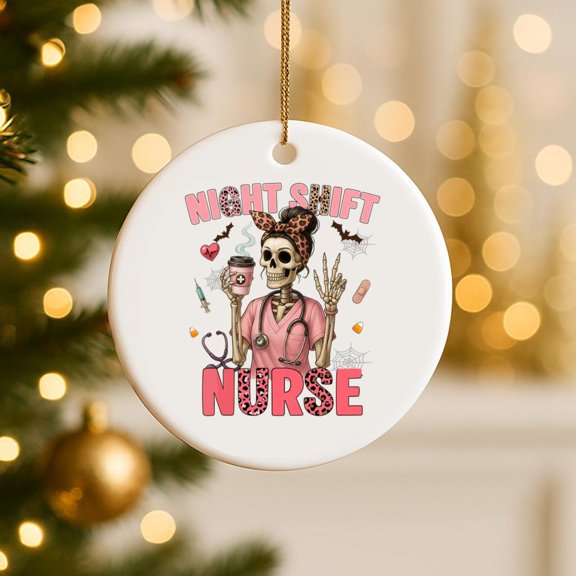 Rn Icu Night Shift Nurse Skeleton Costumes Wo 2D FLAT CIRCLE Ceramic Ornament