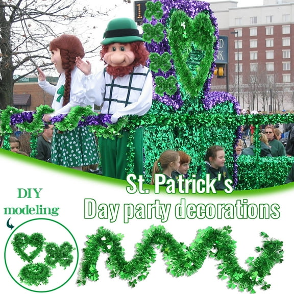 RnemiTe-amo 6.56ft St. Patrick's Day Shamrock Clover Tinsel Garlands Shiny Metallic Shamrock Tinsel Wire Garland Irish Green White Gold Twist Banners for Irish Festival Party Hanging Decoration