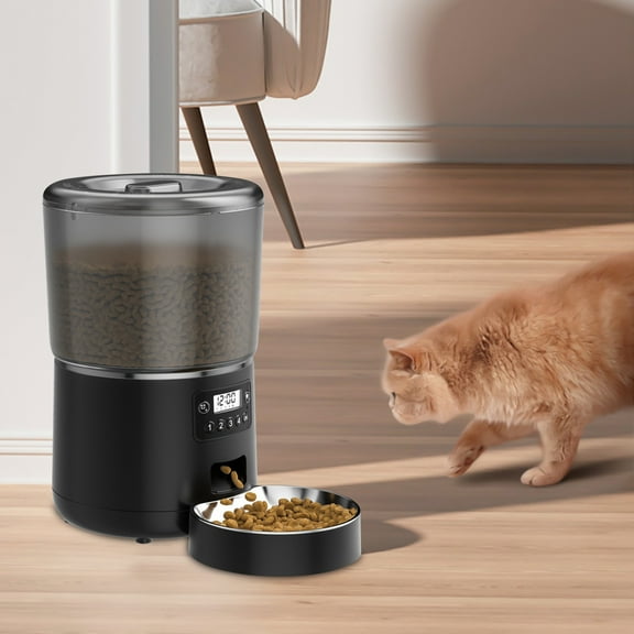 RnemiTe-amo Automatic Cat Feeder, Timed Cat Feeder With Adjustabled Feeding Schedule, Cat Dry Food Dispenser, Pet Feeders, 1-4 Meals Per Day, Dual-Power-Supply