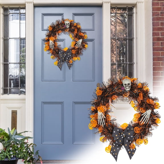 RnemiTe-amo Black Halloween Door Wreath,Halloween Pumpkin Skull Front Door Decoration Wreath