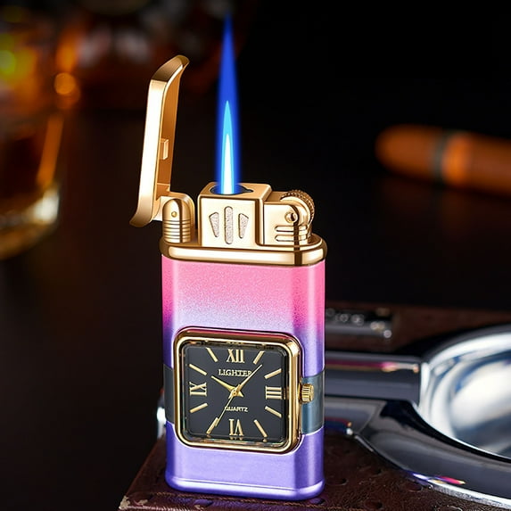 RnemiTe-amo Electric Candle Lighter Plasma Arc Lighters,Metal Windproof Straight Blue Flame Inflatable Lighter With Transparent Gas Chamber With Clock Lighterfor Home Kitchen Champagne